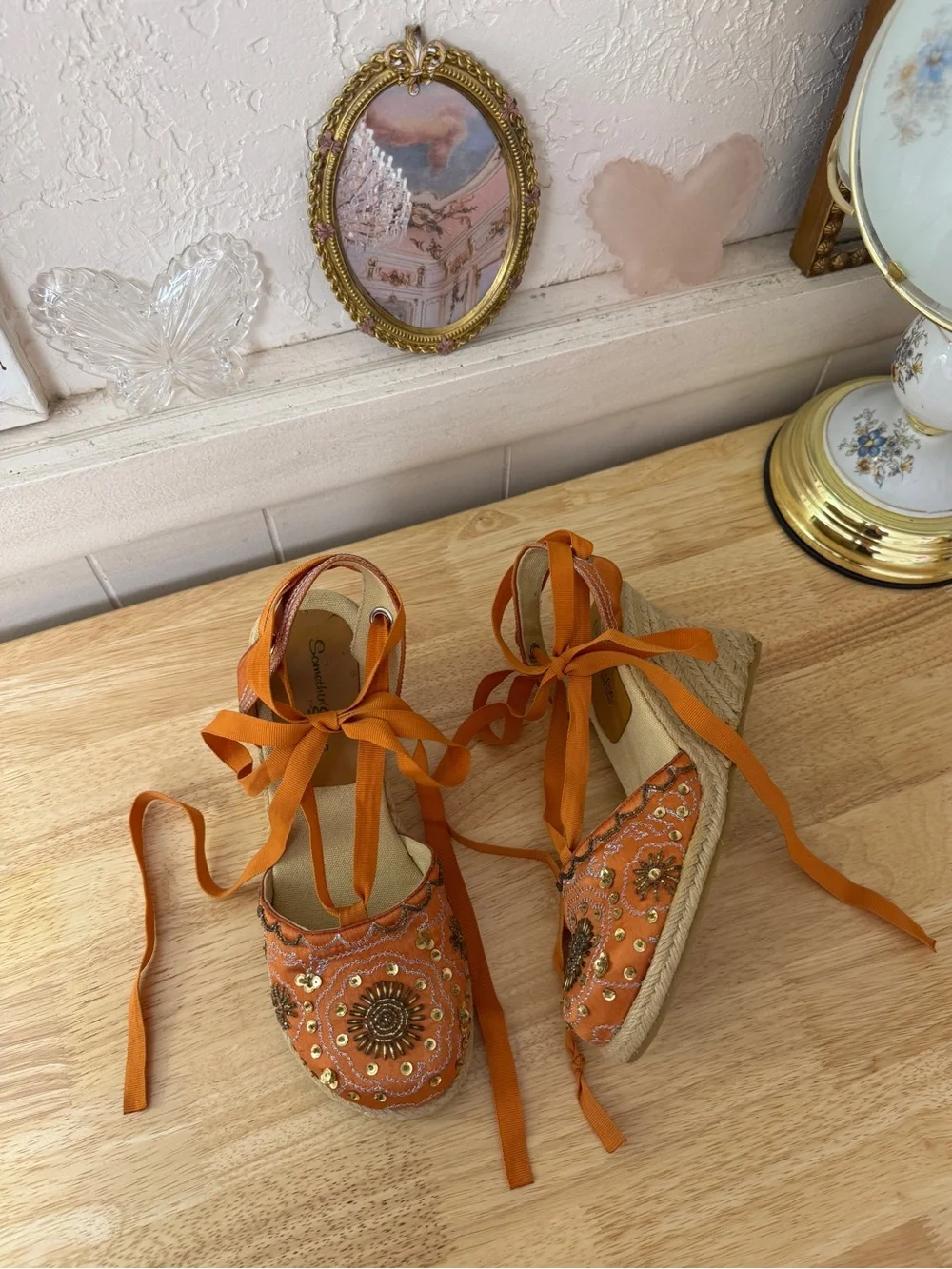 Skechers Orange Embellished Espadrille Lace-Up Wedge Sandals Size 8 Y2K Whimsy